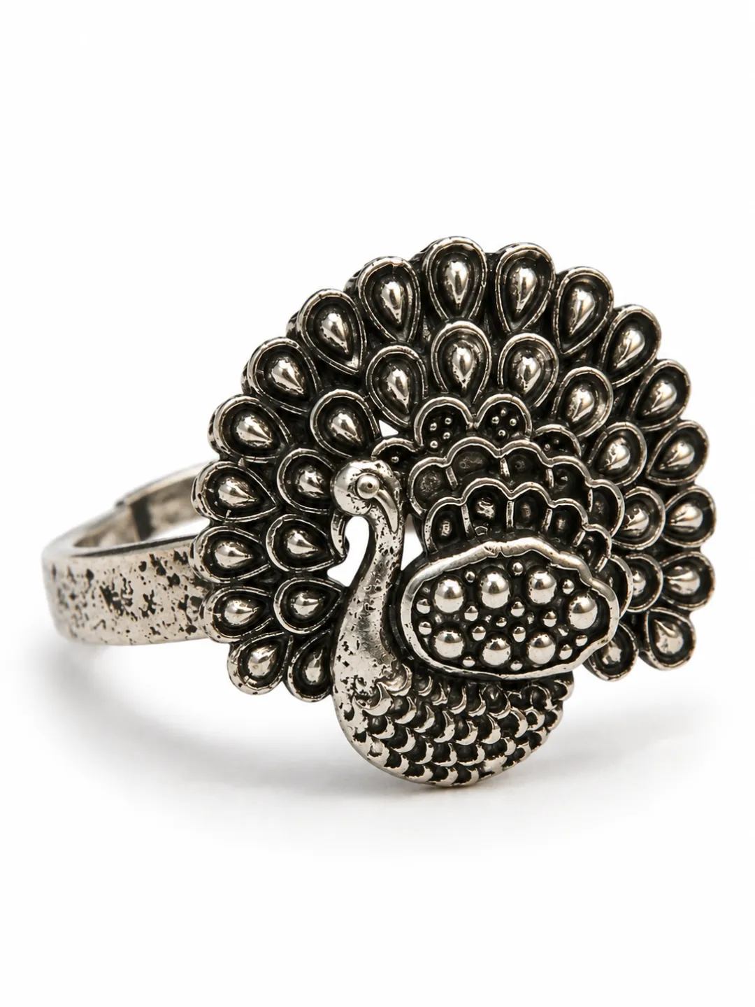 Peacock Statement Ring — close-up of the fanned tail
