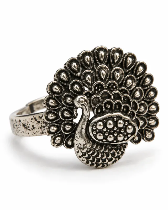 Peacock Statement Ring — close-up of the fanned tail