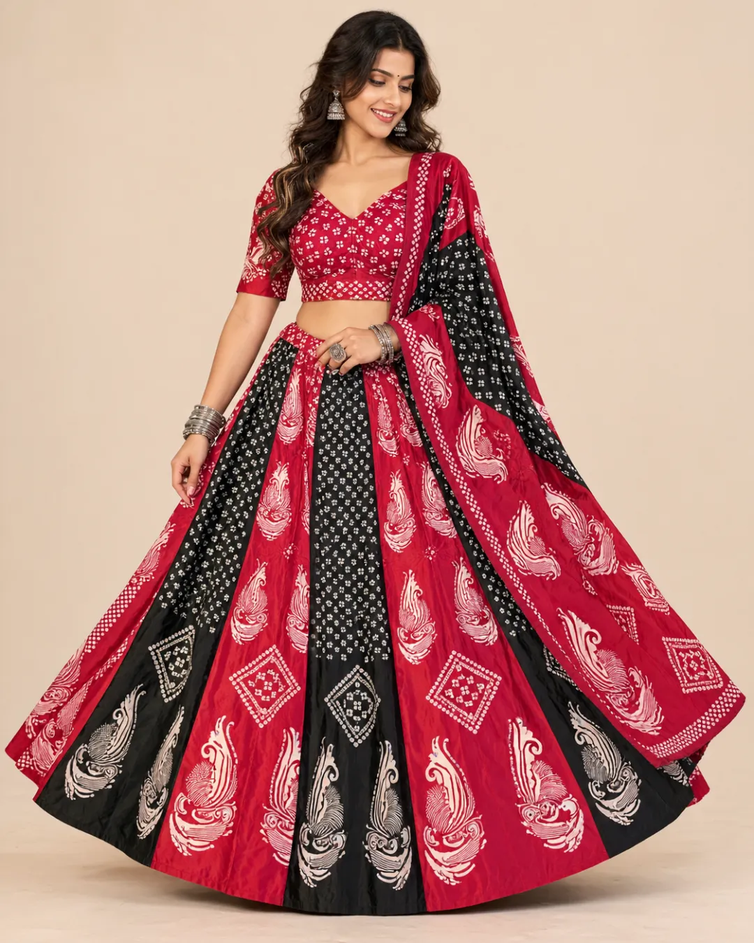 Red & Black Bandhani Lehenga with Paisley Border — skirt spread with the bandhani dupatta flowing