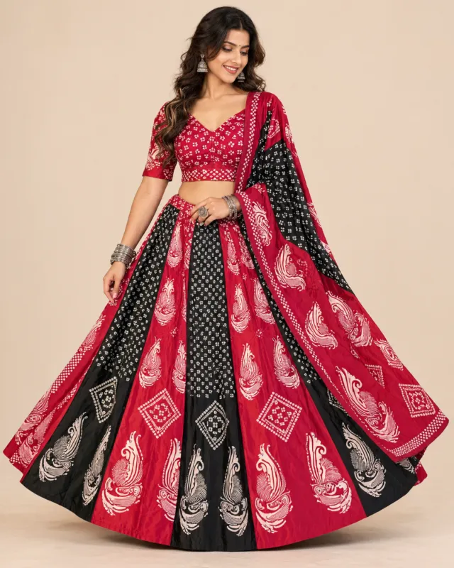 Red & Black Bandhani Lehenga with Paisley Border — skirt spread with the bandhani dupatta flowing