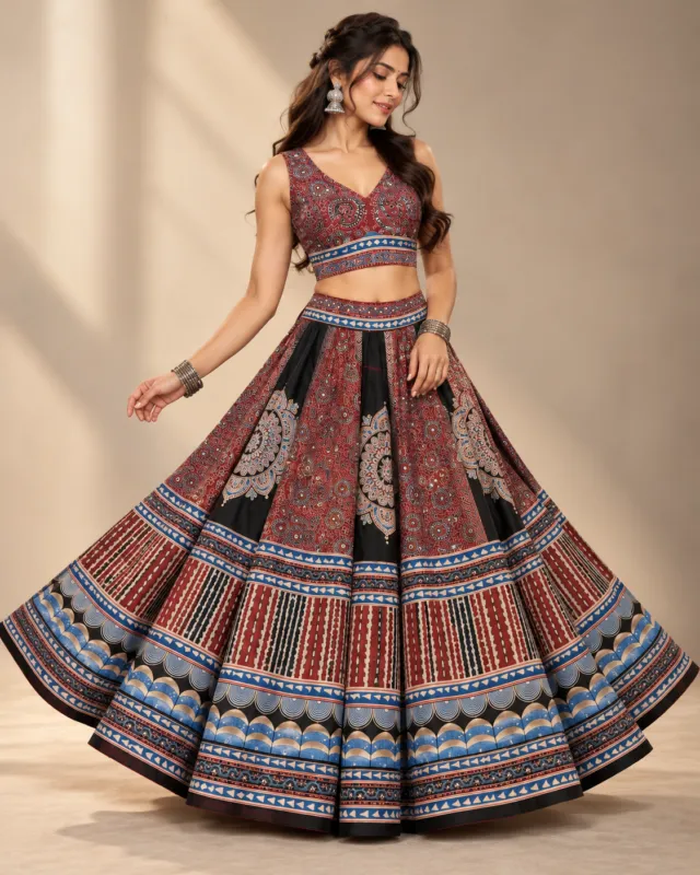 Rust & Indigo Ajrakh Print Panelled Lehenga — skirt spread to show the full Ajrakh-style print