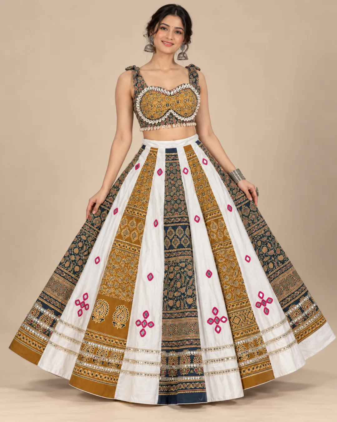 Ivory & Mustard Ajrakh Panelled Lehenga with Cowrie Choli — front view of the panels and embroidered diamonds