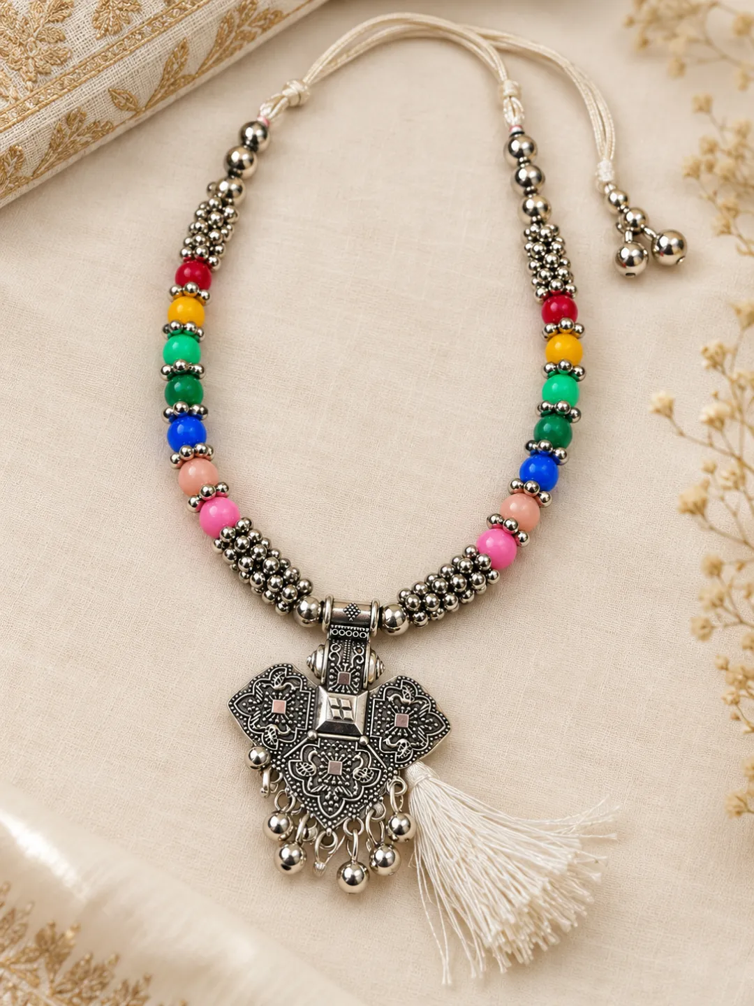 Elephant Pendant Bead Necklace — flat lay with the adjustable cord