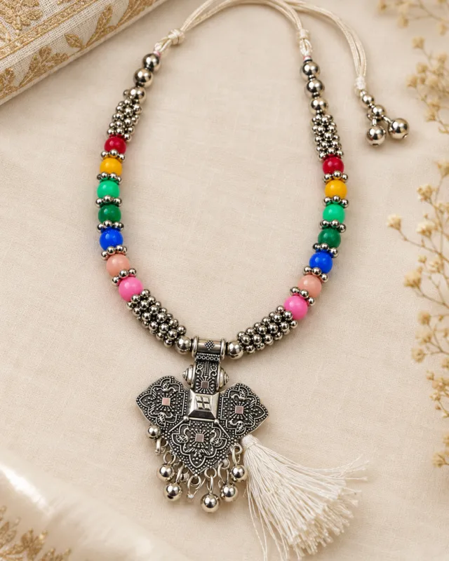Elephant Pendant Bead Necklace — flat lay with the adjustable cord