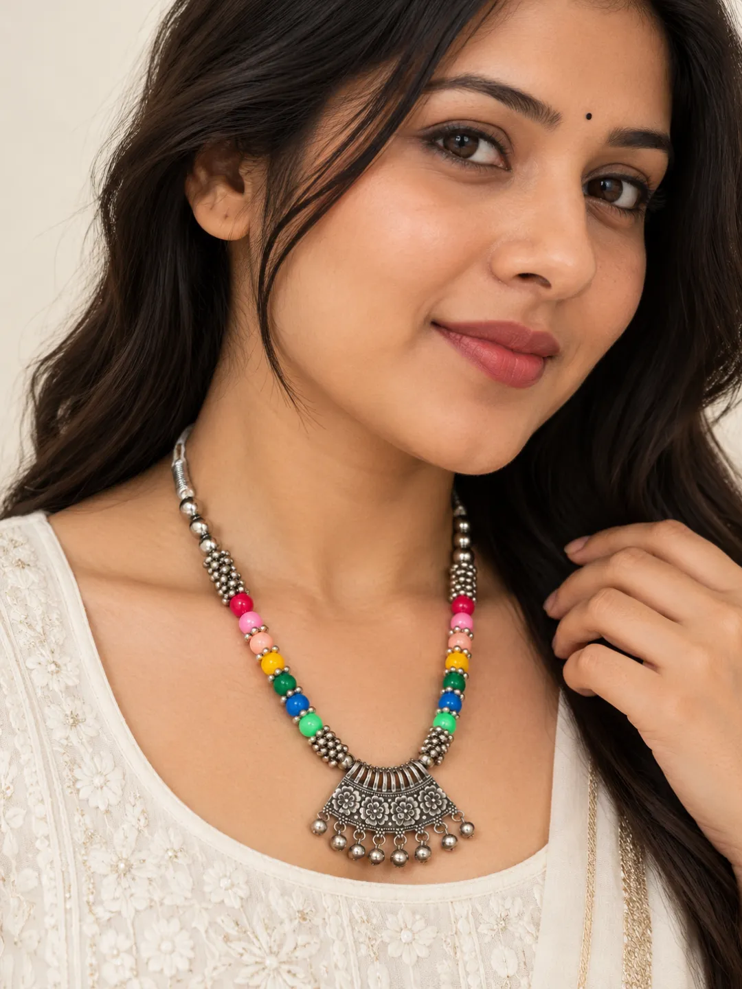 Multicolour Bead Oxidised Necklace — worn by a model