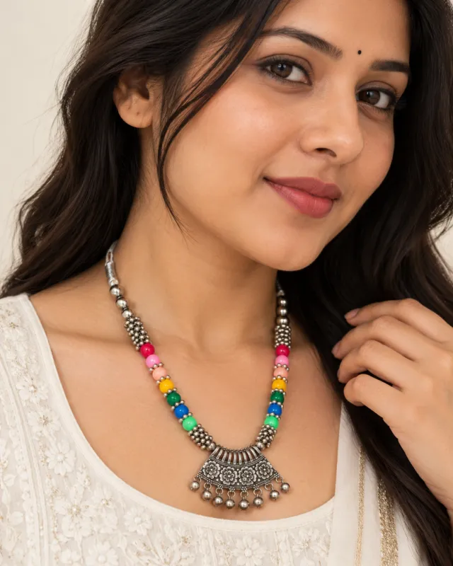 Multicolour Bead Oxidised Necklace — worn by a model