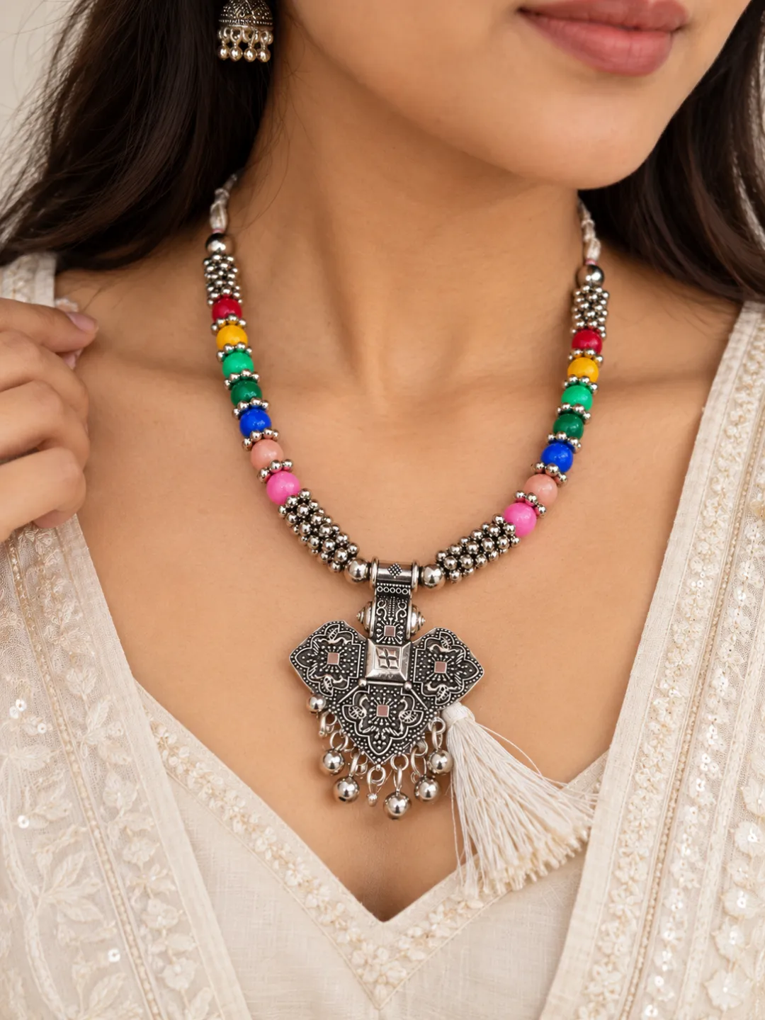 Elephant Pendant Bead Necklace — worn by a model