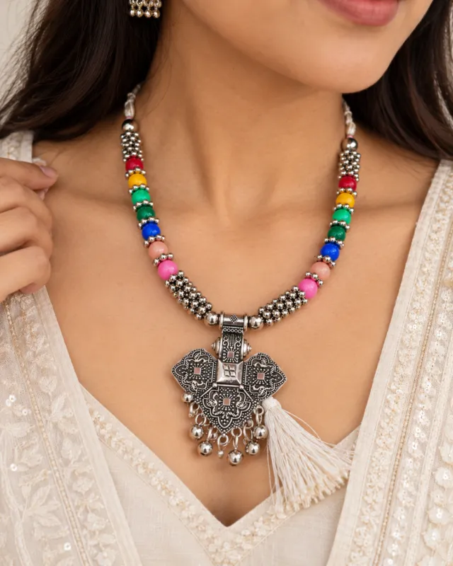 Elephant Pendant Bead Necklace — worn by a model