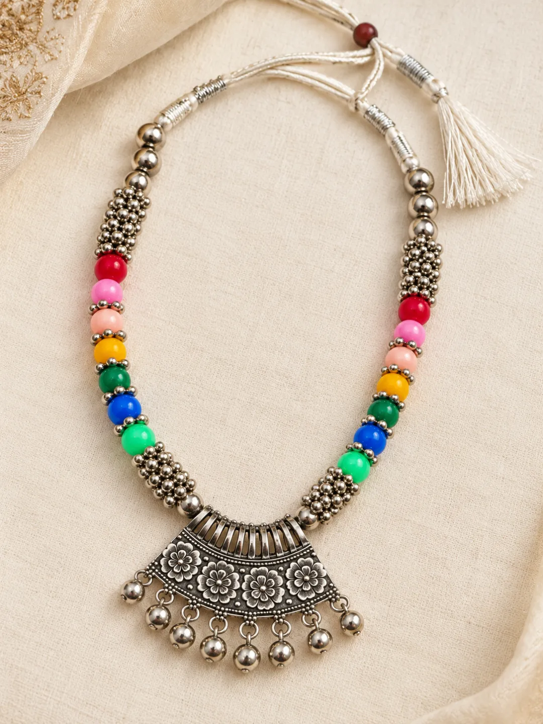 Multicolour Bead Oxidised Necklace — flat lay with the adjustable cord
