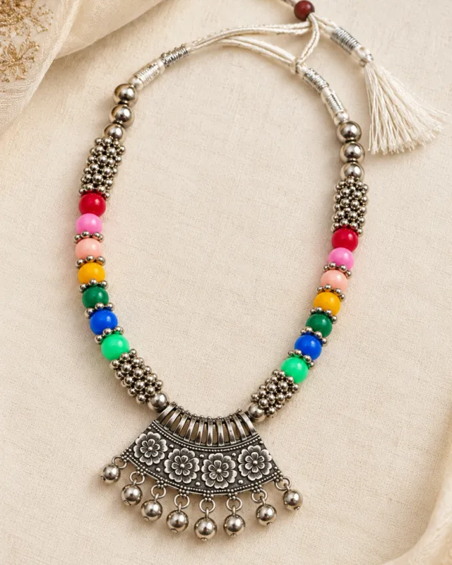 Multicolour Bead Oxidised Necklace — flat lay with the adjustable cord