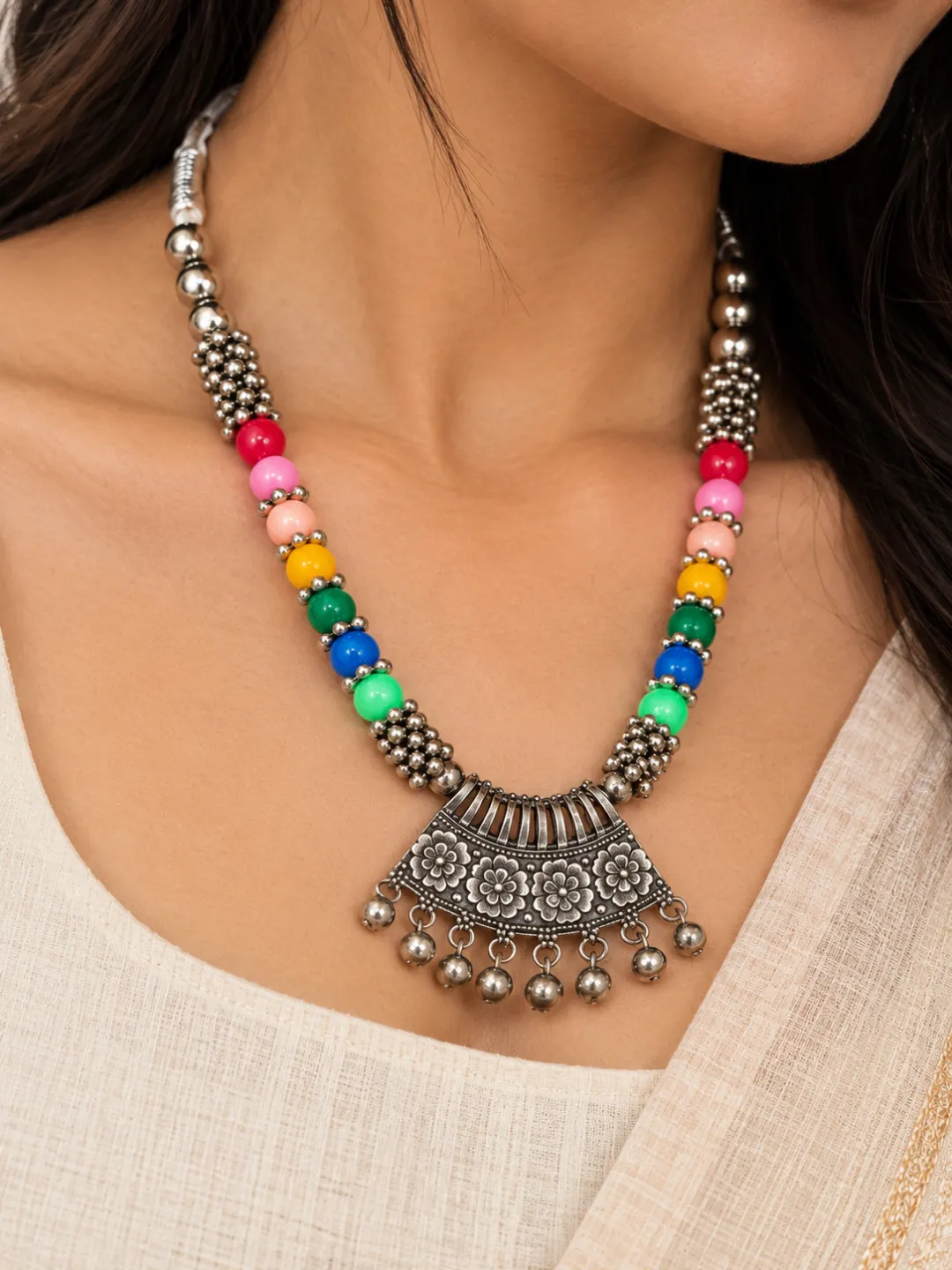 Multicolour Bead Oxidised Necklace — close-up on the neckline