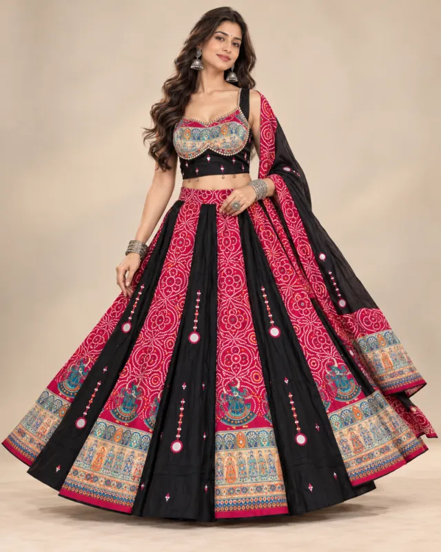 Rani Pink Bandhani Lehenga with Folk Figure Border — skirt spread to show the bandhani panels and folk-figure border