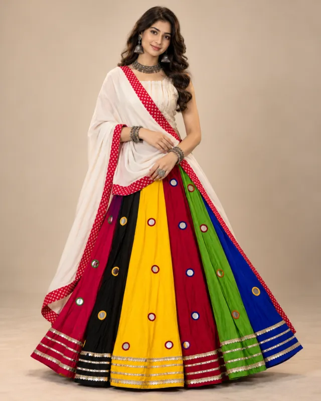 Five-Colour Panelled Mirror Work Chaniya Choli — Women's Garba outfit