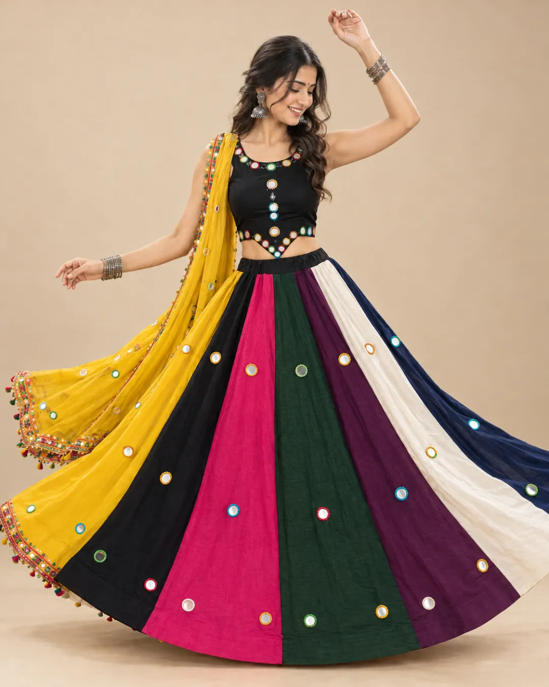 Multicolour Panelled Mirror Lehenga with Mustard Dupatta — mid-turn with the panels opening out