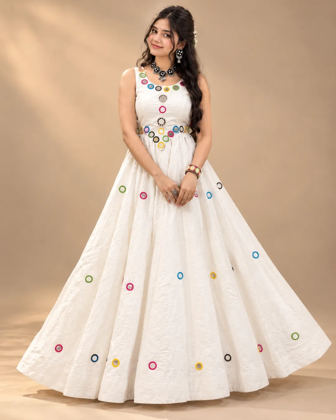 Ivory Flared Gown with Colourful Ring Embroidery — front view of the gown and ring embroidery