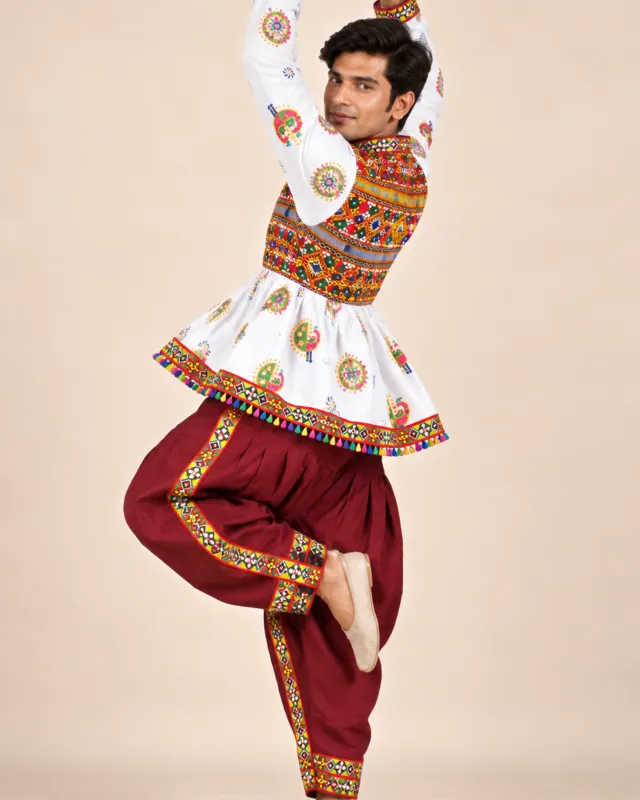 White Printed Kediyu with Maroon Pants — dance pose
