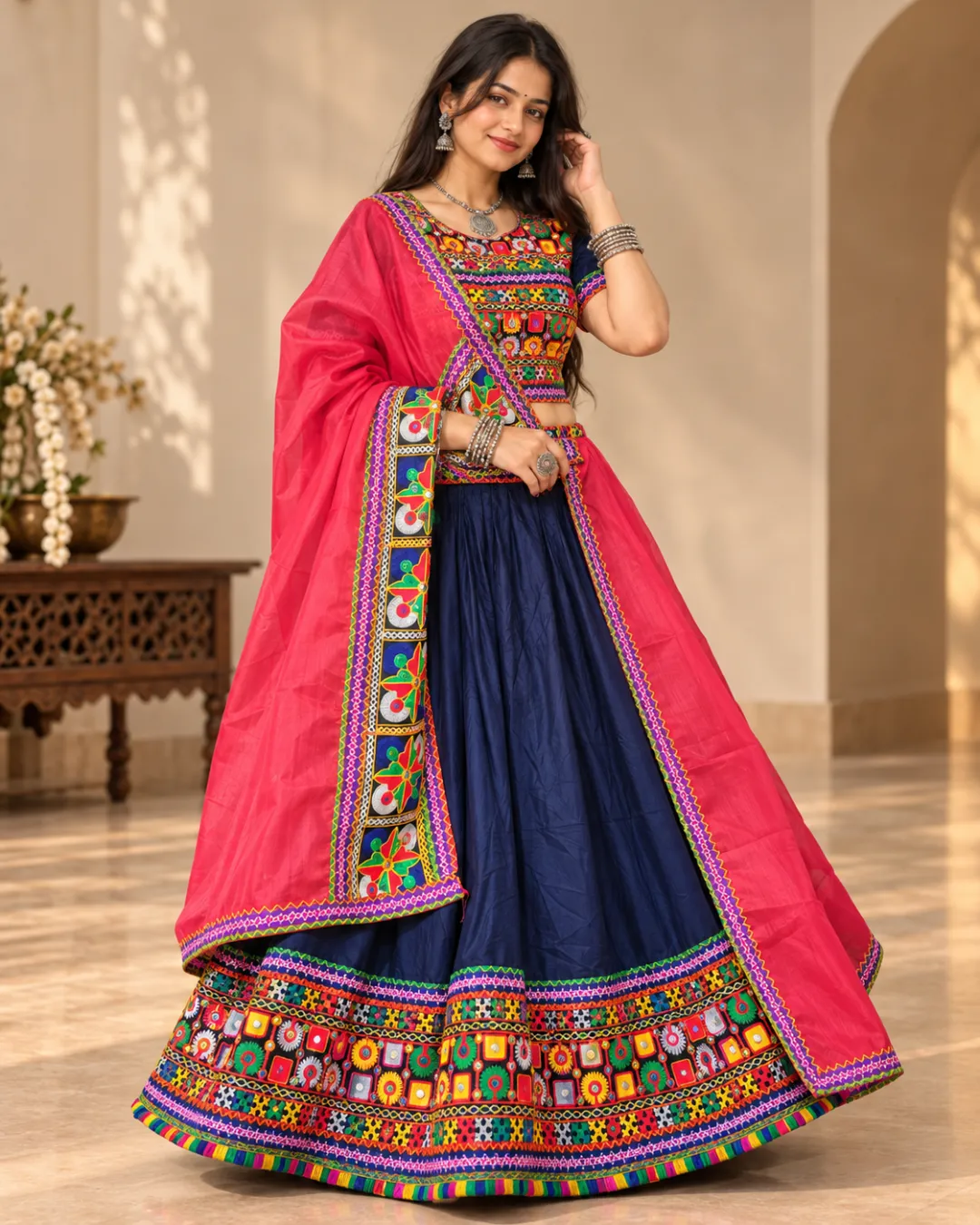 Navy Blue Mirror Work Lehenga with Pink Dupatta — three-quarter view
