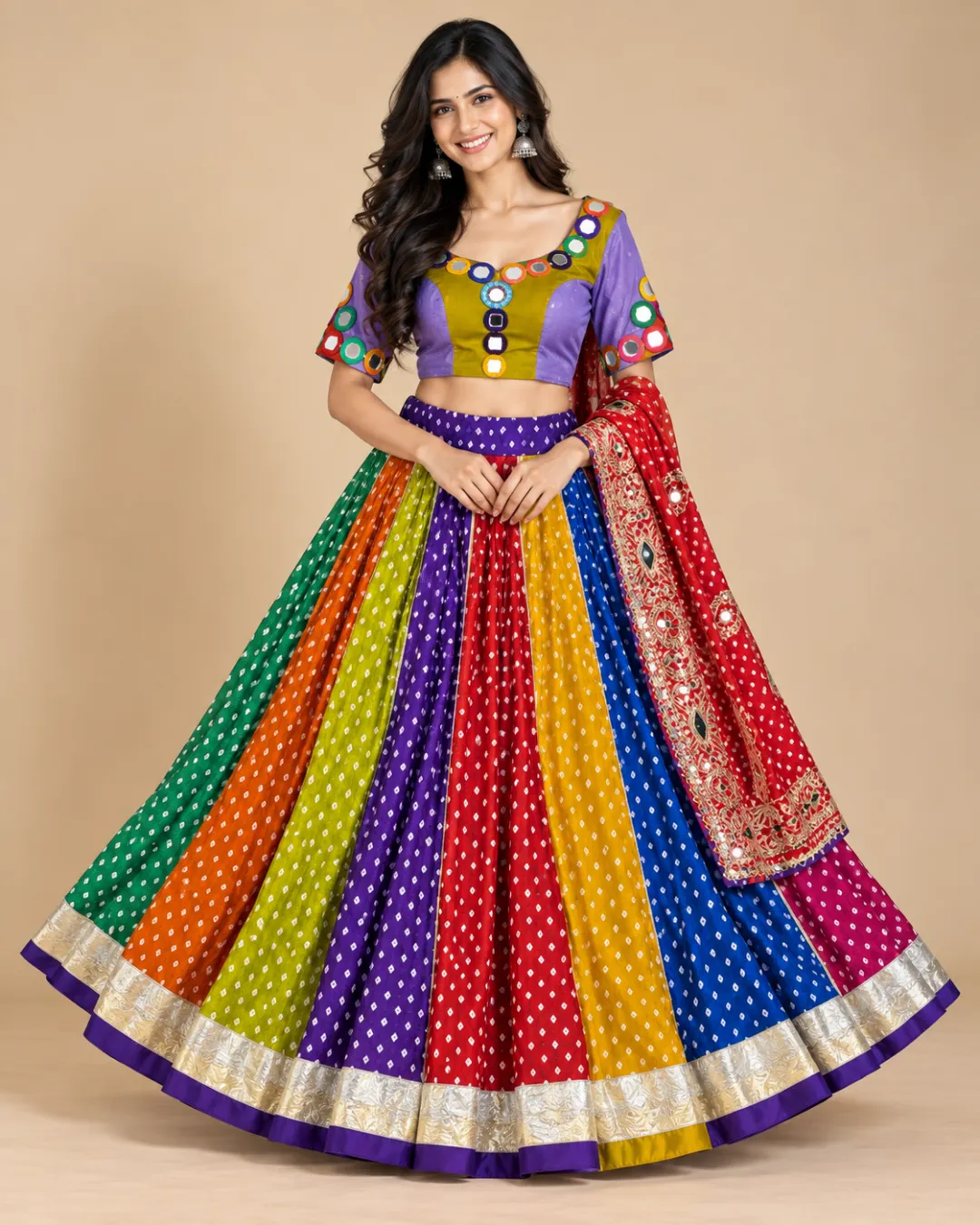 Rainbow Panelled Bandhani Lehenga with Red Mirror Dupatta — the full set with its red mirror dupatta
