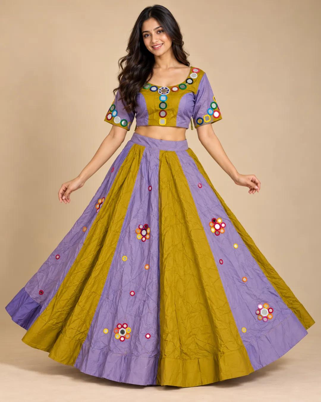 Lavender & Olive Panelled Lehenga with Mirror Flowers — front view of the panels and mirror flowers