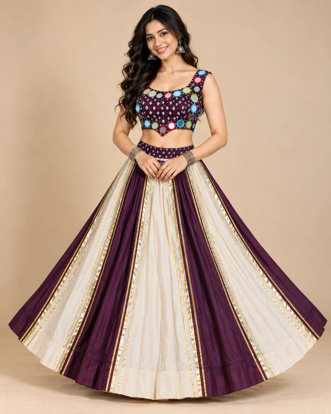 Plum & Ivory Panelled Lehenga with Mirror Work Choli — front view of the panels and mirrored choli