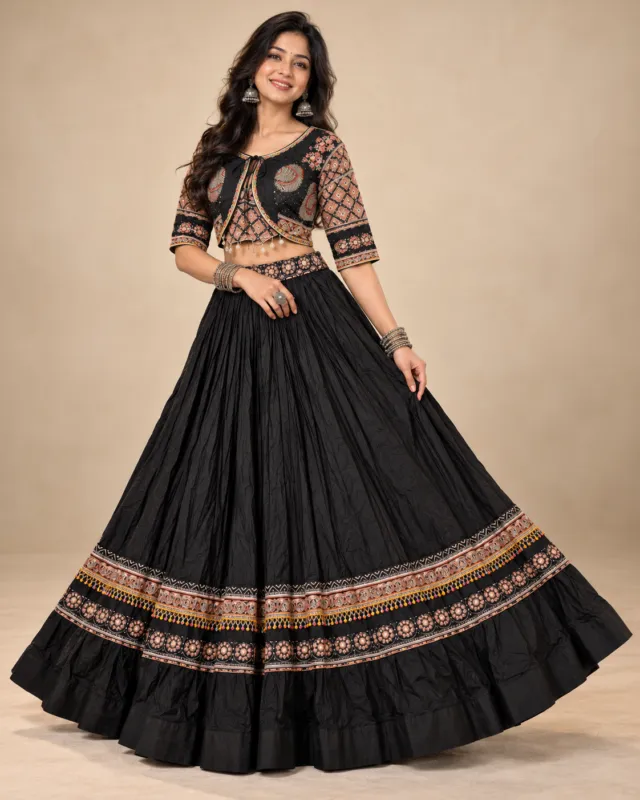 Black Gathered Lehenga with Printed Border and Jacket — front view of the gathered skirt and jacket choli