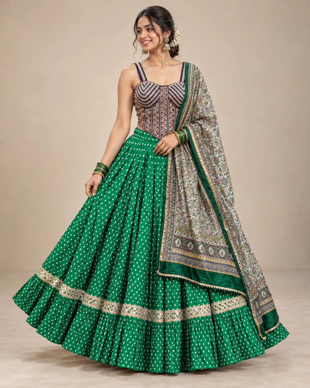 Emerald Bandhani Lehenga with Kalamkari Dupatta — front view of the bandhani skirt, corset choli and kalamkari dupatta