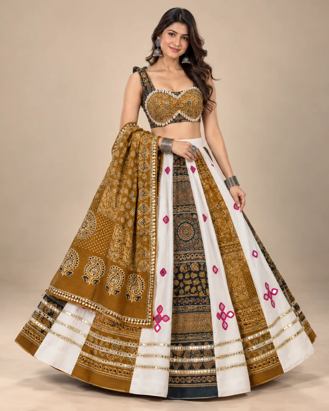 Ivory & Mustard Ajrakh Panelled Lehenga with Cowrie Choli — the full set with its mustard printed dupatta