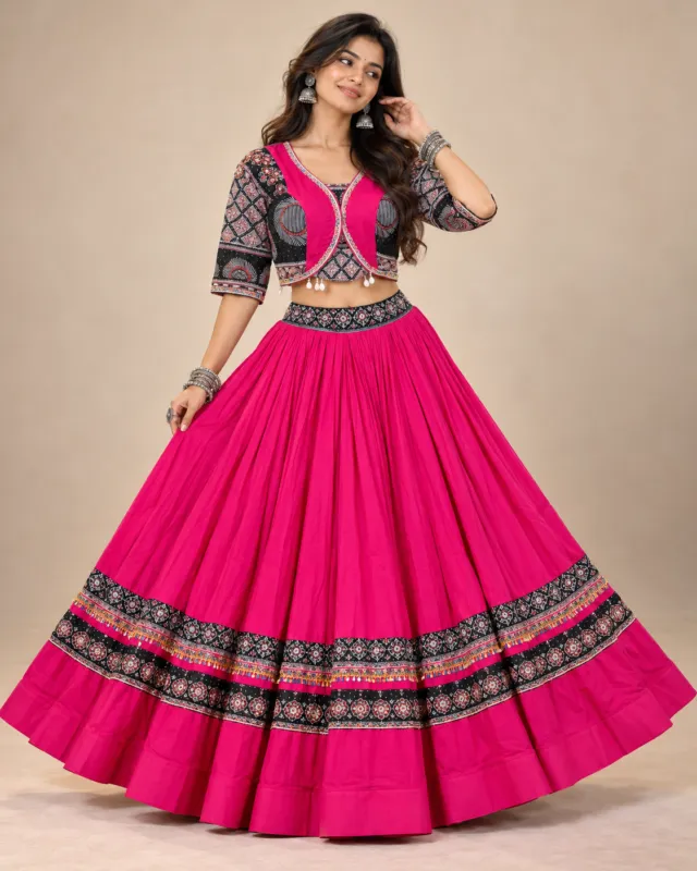 Fuchsia Gathered Lehenga with Black Border and Jacket — front view of the gathered skirt and jacket choli