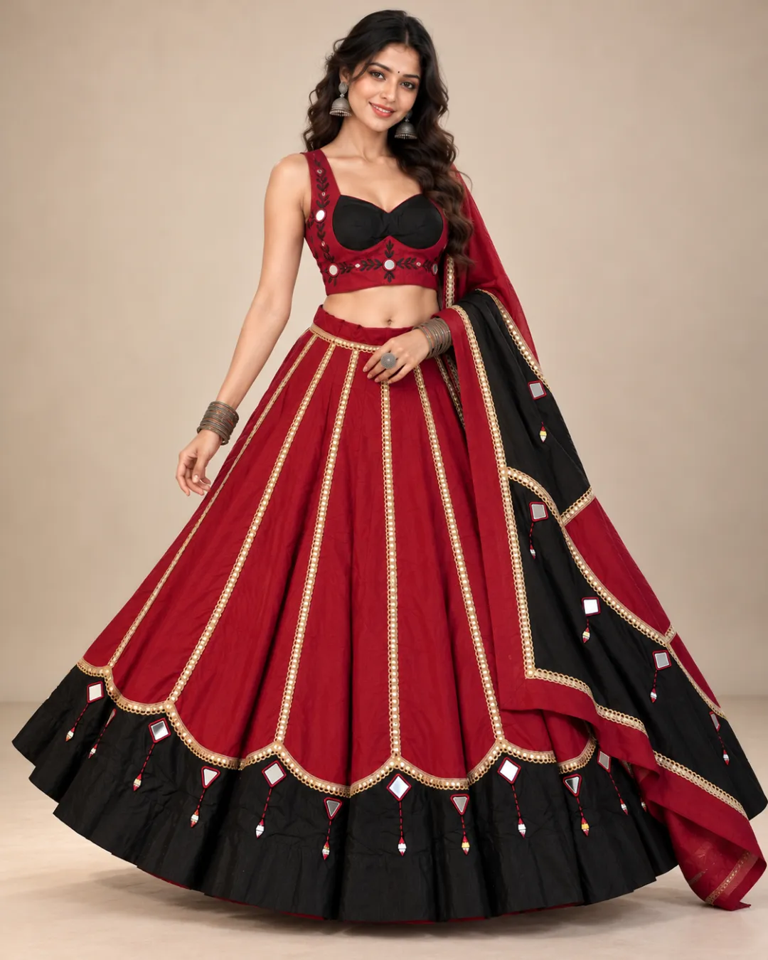 Maroon Panelled Lehenga with Black Mirror Work Border — the full set with its black mirror-worked dupatta