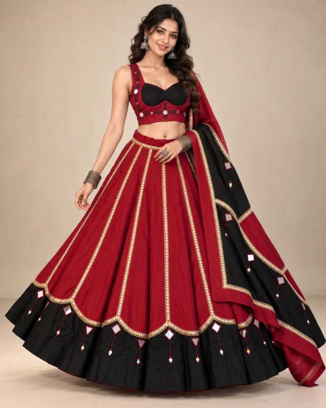 Maroon Panelled Lehenga with Black Mirror Work Border — the full set with its black mirror-worked dupatta