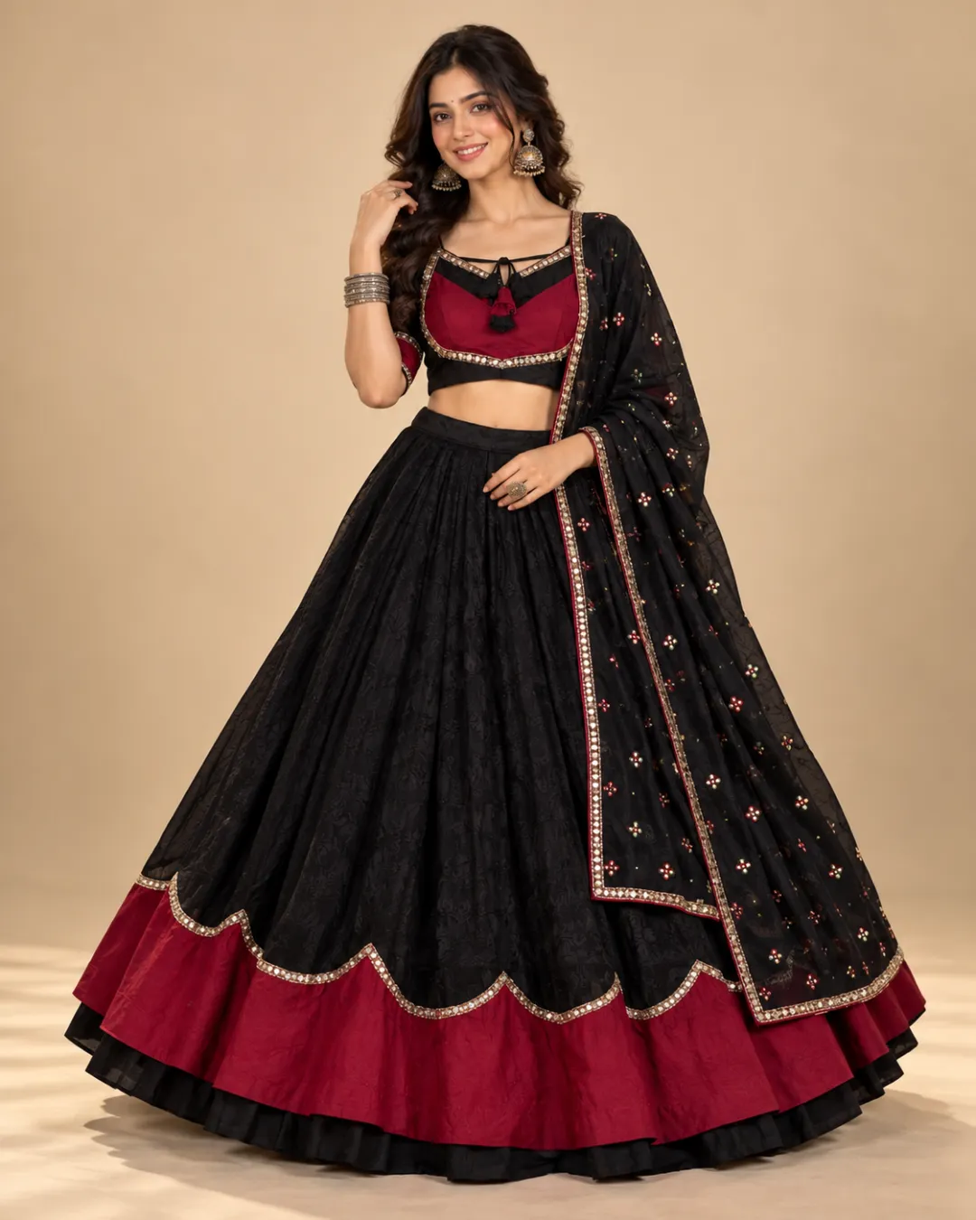 Black & Maroon Scalloped Lehenga with Embroidered Dupatta — front view of the scalloped hem and dupatta