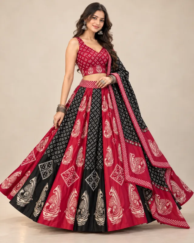 Red & Black Bandhani Lehenga with Paisley Border — front view of the red and black bandhani panels