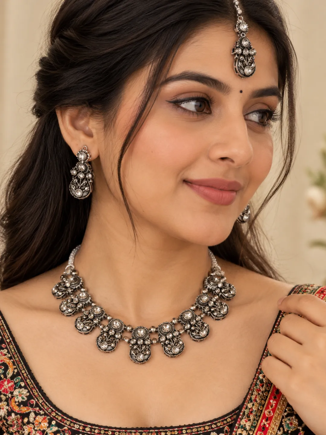 Oxidised Stone Necklace Set with Tikka — worn by a model