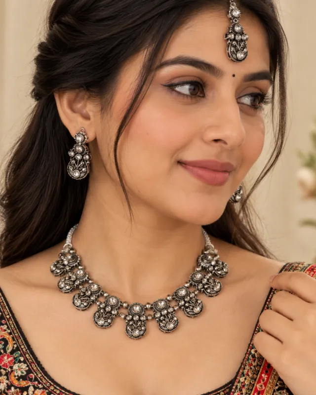 Oxidised Stone Necklace Set with Tikka — worn by a model