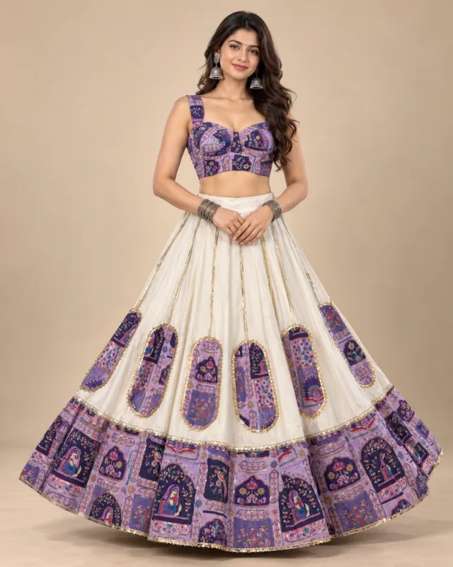 Ivory & Purple Arch Print Lehenga with Sequin Trim — front view of the arch print and sequin trim