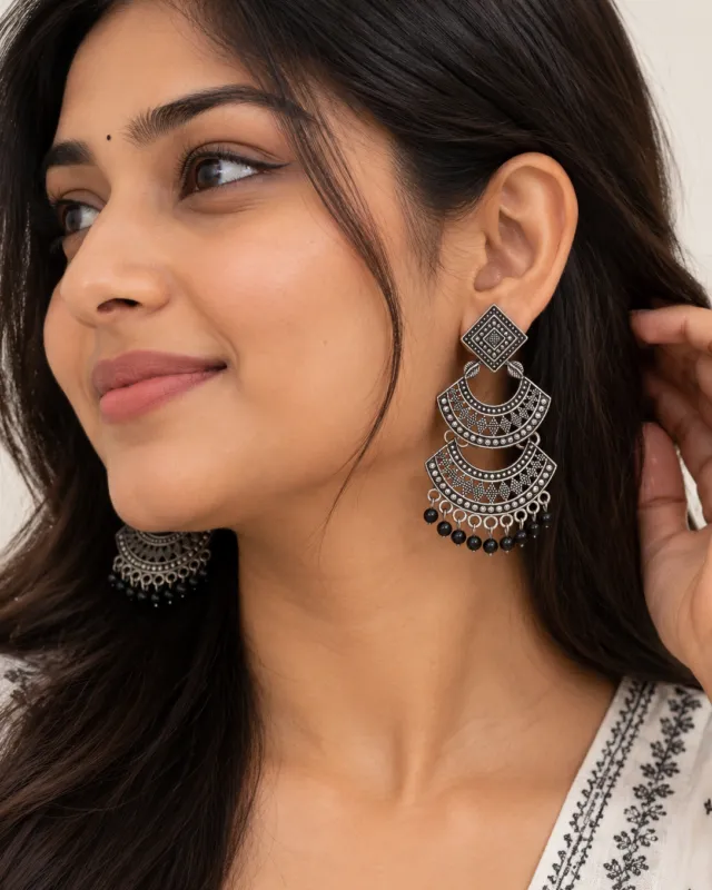 Chandbali Earrings with Black Beads — worn by a model