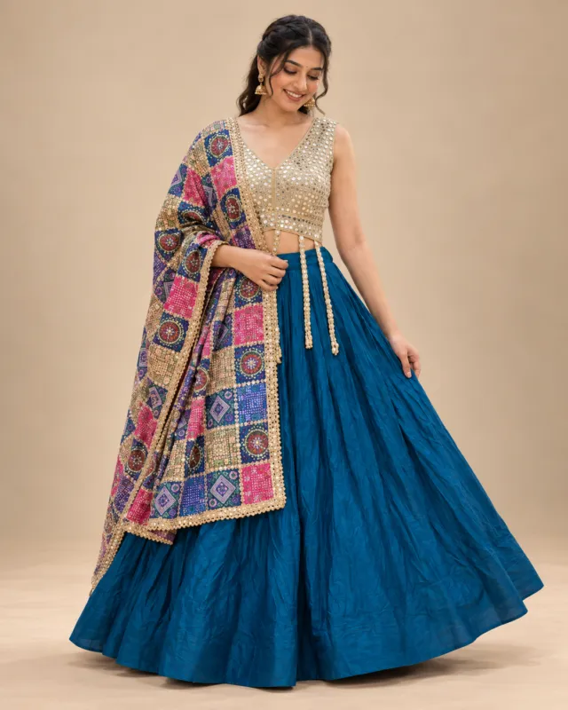 Teal Blue Lehenga with Mirror Choli and Patola Dupatta — front view of the teal skirt, mirror choli and patola dupatta