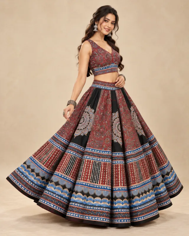 Rust & Indigo Ajrakh Print Panelled Lehenga — front view of the printed panels and blouse