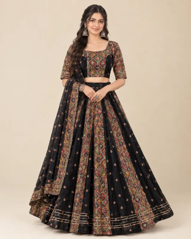 Black & Patola Print Panelled Lehenga — front view of the panels and patola print