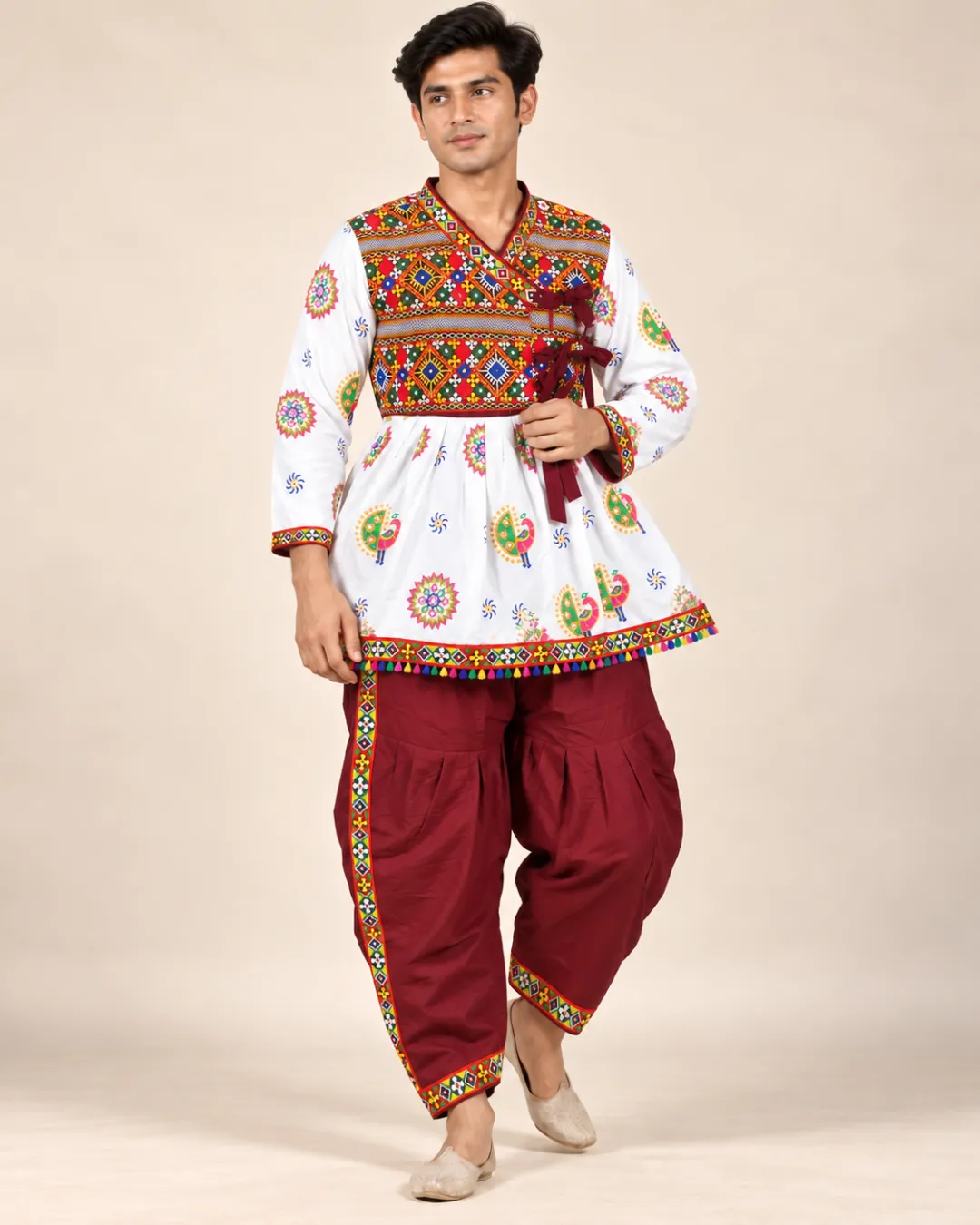 White Printed Kediyu with Maroon Pants — standing, front view