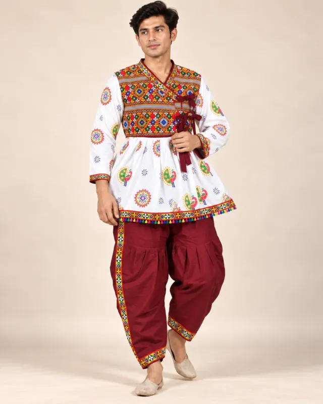 White Printed Kediyu with Maroon Pants — standing, front view