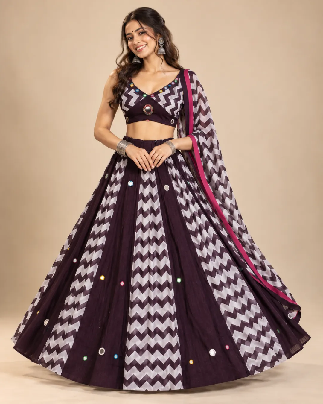 Plum Chevron Print Lehenga with Mirror Accents — front view of the chevron panels and dupatta