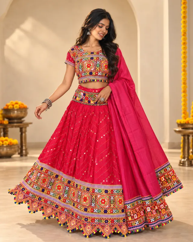 Rani Pink Chevron Sequin Garba Lehenga — front view