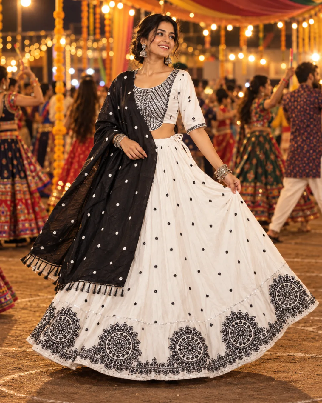 Ivory & Black Mandala Print Chaniya Choli — front view