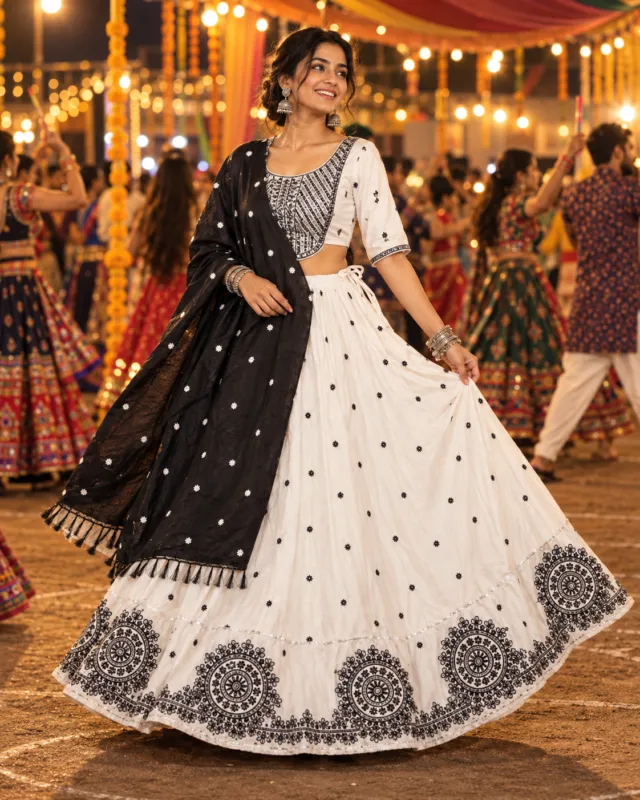 Ivory & Black Mandala Print Chaniya Choli — front view
