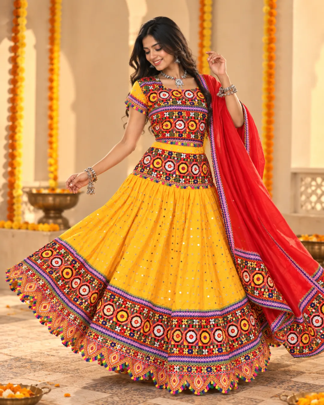 Yellow Mirror Work Lehenga with Red Dupatta — three-quarter view