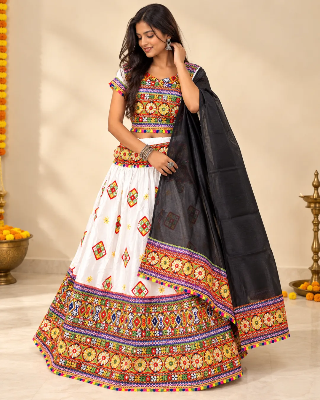 White Embroidered Chaniya Choli with Black Dupatta — front view