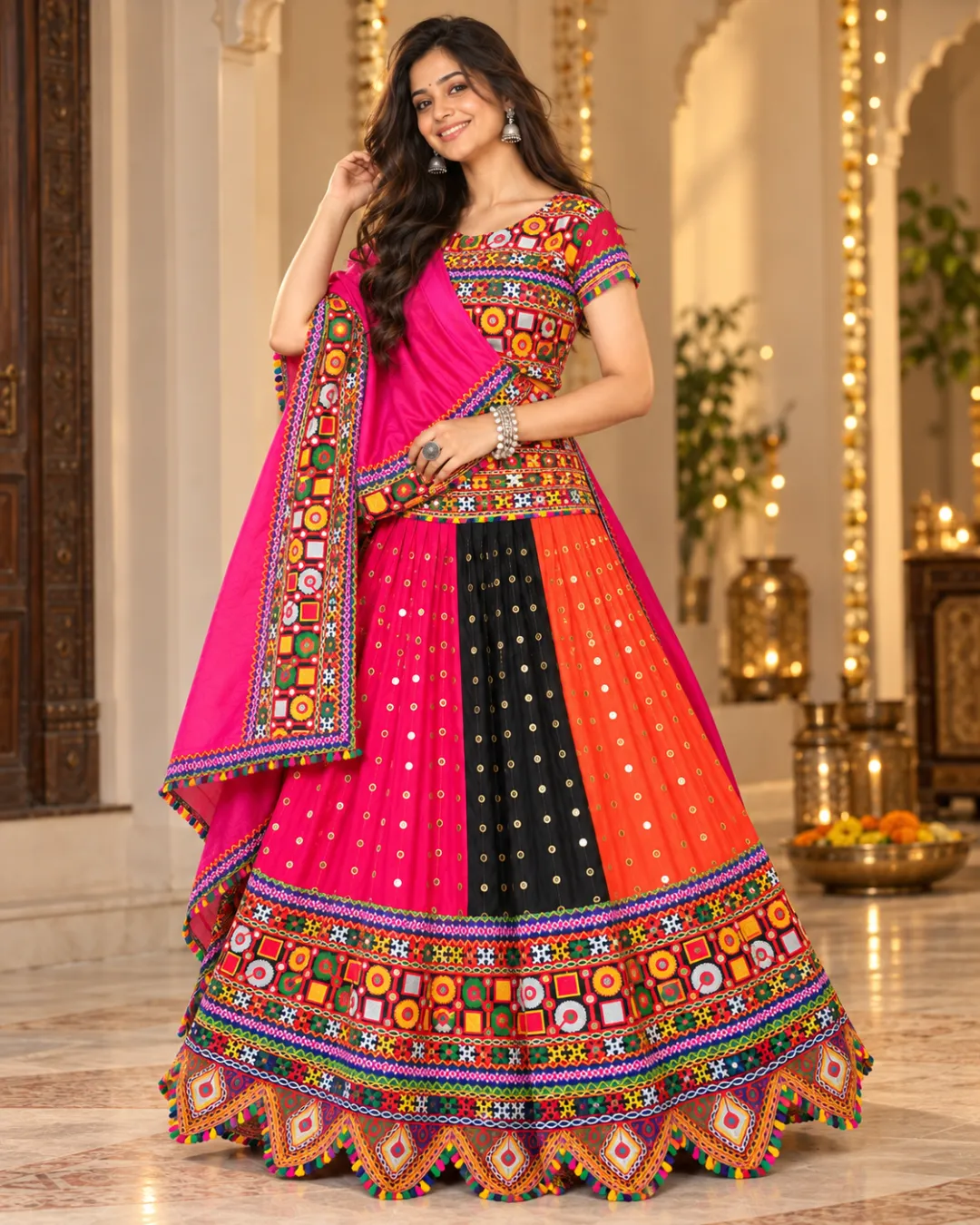 Pink, Black & Orange Panelled Garba Lehenga — three-quarter view