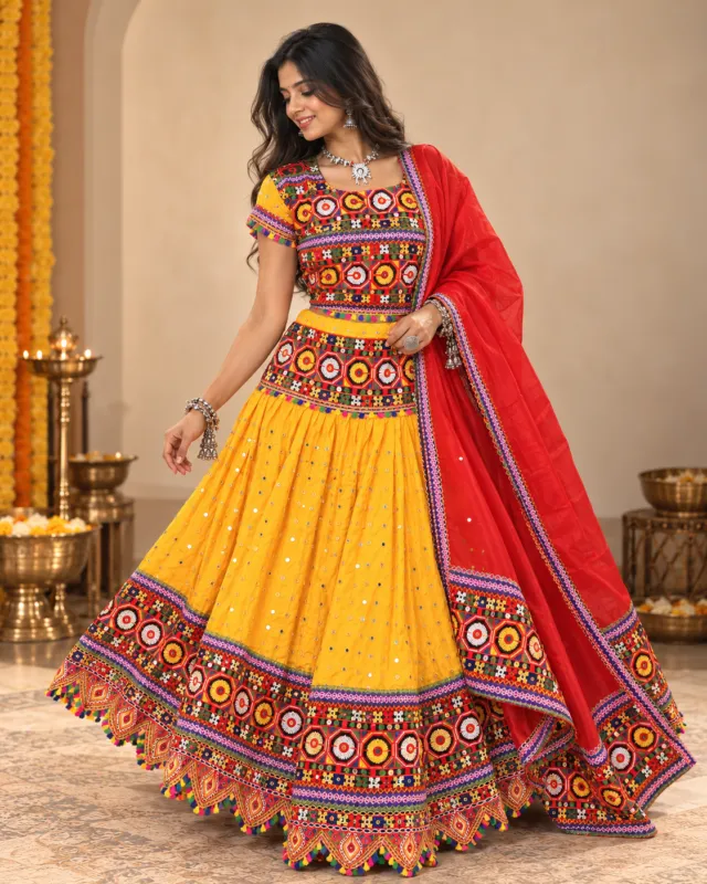 Yellow Mirror Work Lehenga with Red Dupatta — front view