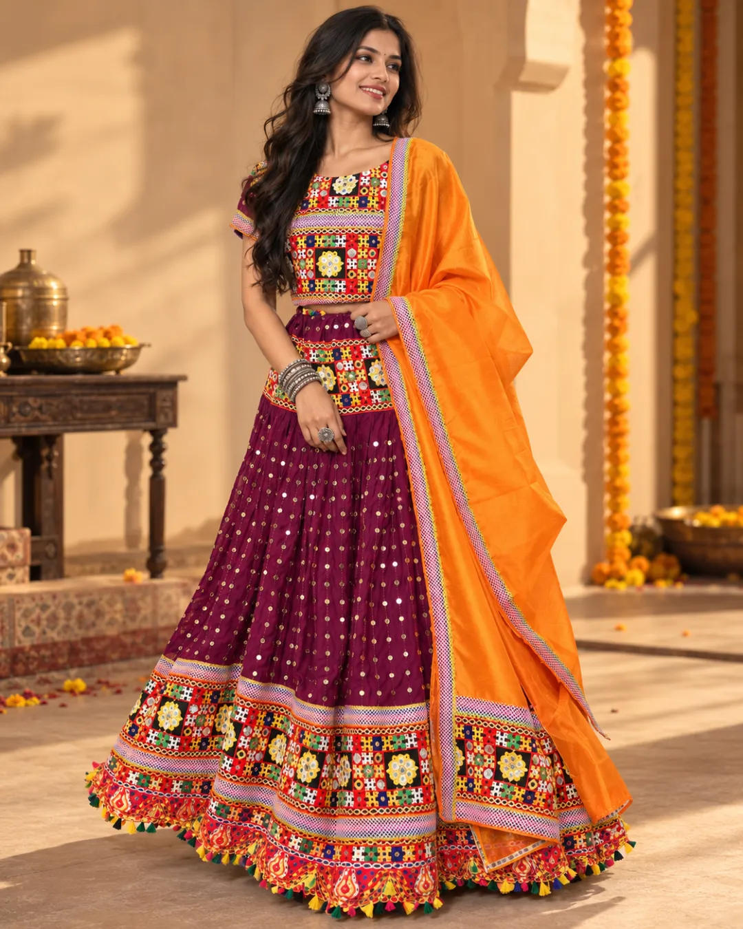 Wine Sequin Lehenga with Orange Dupatta — three-quarter view